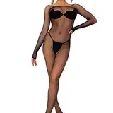 ROSVAY Sexy Netz-Overall, langärmelig, Damen, Bodystocking Fishnet, Netz-Body, Catsuit Bodysuit Tedyy, Strumpfhose, elastisch, 1 Stück, Schwarz, S, M, L, XL (Style Petite Résille)