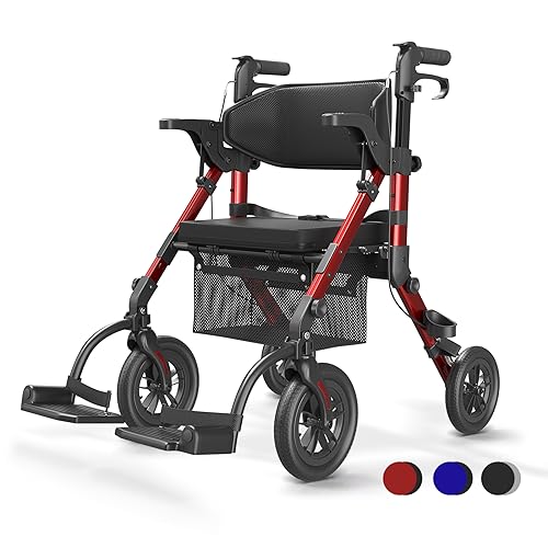 VOCIC 2 in 1 Rollstuhl Rollator Faltbar und Leicht mit Sitz,Outdoor Gummireifen für Allen Gelände,Leichtgewicht Rollatoren mit Netztasche,Aluminium Gehhilfer Transport-Stuhl,Rot (5 Jahre Garantie)