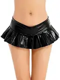 iEFiEL Damen Metallic Plisseerock Wetlook Minirock Shiny Faltenrock mit Shorts Glänzende Kurz Rock GoGo Party Clubwear Schwarz Einheitsgröße