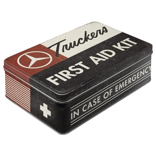 Nostalgic-Art Retro Vorratsdose Flach, 2,5 l, Daimler Truck – First Aid Kit – Geschenk-Idee für Trucker, Original Lizenzprodukt (OLP), Blech-Dose mit Deckel, Werkstatt-Deko im Vintage Design