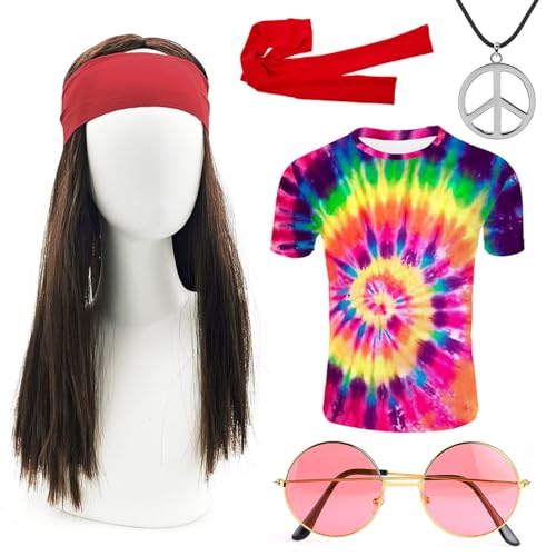 iZoeL 70er Kostüme 5tgl. Hippie T-Shirt Perücke Brille Peace Halskette Stirnband - Herren Damen 70er Jahre Bekleidung Karneval Fasching Fastnacht