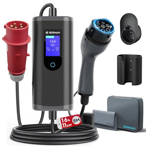 bokman Typ 2 Ladekabel mit CEE Stecker, 8 Meter | 6-16A | 11kW | 3-Phasig | IP65 Wasserdicht, Tragbares EV-Ladegerät und Mobile Wallbox Ladestation für IEC 62196-2 mit Tragetasche & Mikrofaserhandtuch
