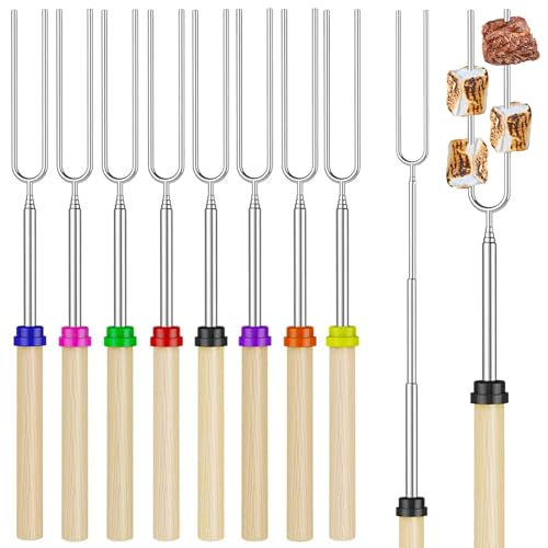 Atuoxing 8pcs Grillspieße Teleskop Marshmallow, Stockbrot Spieße, Grillspieße, Lagerfeuer Spieße, Grillgabel, Edelstahl Ausziehbar, Grillgeräte für den Außenbereich, Grillstab