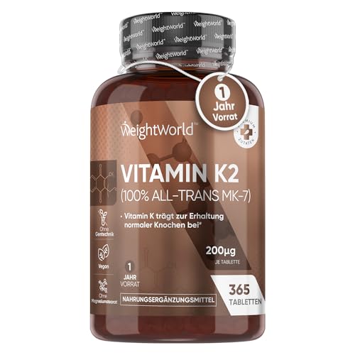 Vitamin K2 MK7-365 vegane Tabletten - 200µg je Dosis - 100% All-Trans Menaquinon - Für Blutgerinnung & Knochen (EFSA) - 1 Jahr Vorrat - Vitamin K Präparate - Alternative zu Tropfen - WeightWorld