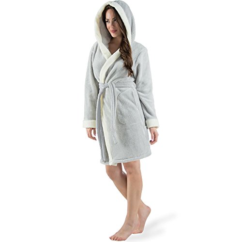 CelinaTex XS-XXXL Bademantel Kapuze zweifarbig kurz seitliche Eingrifftaschen Damen Sherpa Kuschelfleece Morgenmantel, Sauna, Spa, Pool, Bad, flauschig und komfortabel - OEKO-TEX Kos