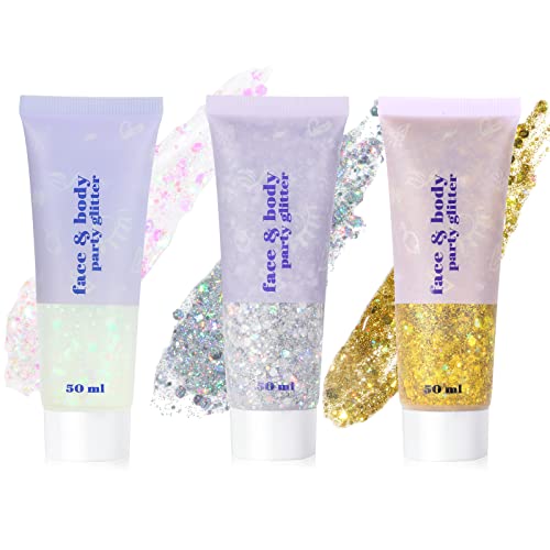 URAQT Body Glitter Gel, Chunky Glitter Gel, Chunky Body Lotion Glitzer Flüssiger Lidschatten, Meerjungfrau Pailletten Funkelnde für Gesicht Haare Lippen Nägel Make Up Kosmetik Festival (B-3 Paar)