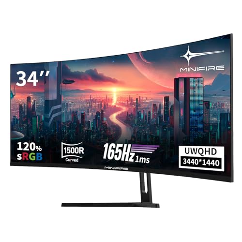 Minifire 34" UWQHD Curved Gaming Monitor 165Hz(DP),3440 x 1440,Curved 1500R,1 ms(MPRT),100Hz(HDMI), AMD FreeSync,VA Panel,2xHDMI 2.1(TMDS)/1xDP 1.4 Ports(MFG34C5Q DP-Kabel im Lieferumfang enthalten)