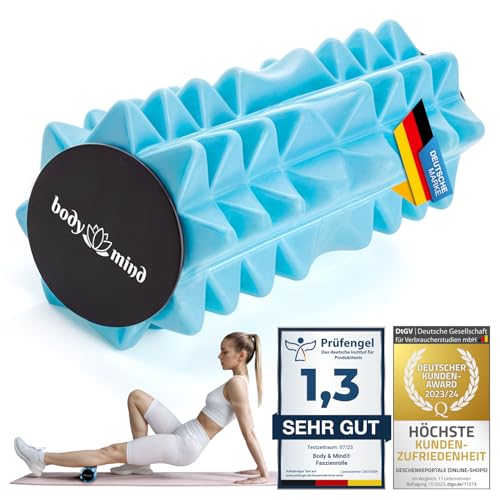 Body & Mind® Mini-Faszienrolle – Kompakte Massage-Rolle für gezieltes Faszientraining; Ideal für Füße, Hände, Knie Nacken, Rücken, Beine & weitere Muskelgruppen; 15 x 6 cm (Blau)