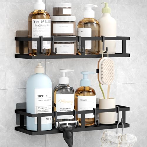 Wisfame Duschablage Ohne Bohren 2 Stück, Schwarz Badezimmer Organizer Duschregal Ohne Bohren, Edelstahl Badregal Shampoo Halterung für Dusche mit 8 Haken