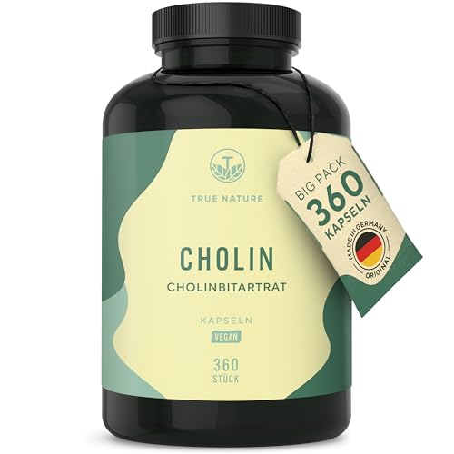 Cholin Kapseln - 360 Kapseln - Cholin Bitartrat - *Leberkur, Homocystein & Fettstoffwechsel (EFSA) - Vegan, Deutsche Produktion - TRUE NATURE®