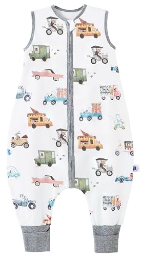 Chilsuessy Baby Sommerschlafsack mit Füßen 0.5 Tog Kleine Kinder Schlafsack mit Beinen Unwattiert 100% Baumwolle Schlafstrampler für Jungen und Mädchen, Bunte Autos, 80cm/Baby Höhe 90-100cm