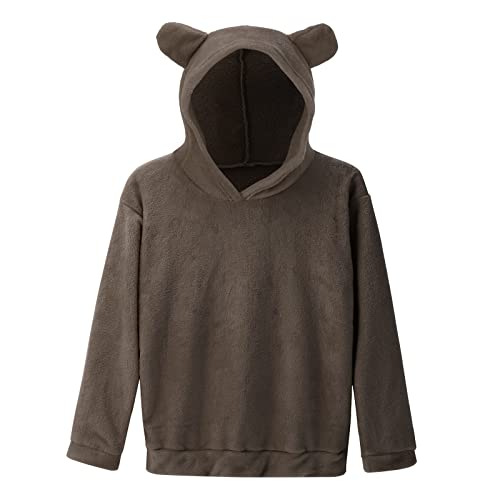 2025 - Kapuzenpulli Fuzzy-Ärmel langes Sweatshirt Fleece-Pullover-Form Bär warm Damenbluse Träger Top (Grey, L)