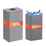 MOFELON Pfandflaschen Sammelbehälter mit Deckel,105L Pfandflaschen Behälter inkl. XXL Tragetasche, Pfandbehälter, Recycling Behälter, Flaschensammler Leergut Sammelbehälter für Küche- Grau