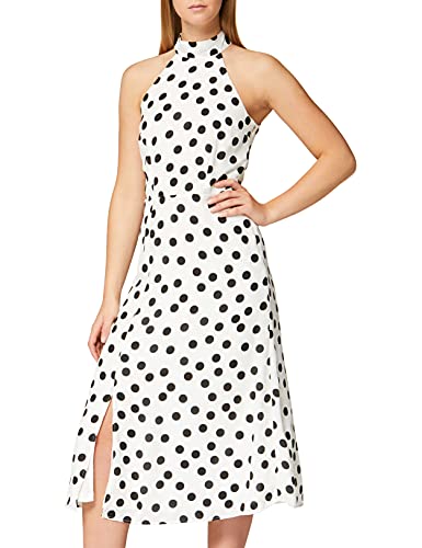 Truth & Fable Damen Midi-Kleid mit Neckholder aus Chiffon, Creme Punkte, 36