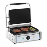 Royal Catering RCKG-2200-F Kontaktgrill Elektrogrill Sandwich Maker Panini Grill (Glatt, 2.200W, 300°C, Gusseisen emailliert, Edelstahl, 34,8 x 23cm) Silber