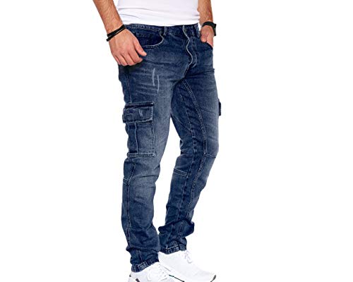 Styleko Herren Cargo Jeans Hose Herren Jeans Hose für Männer Jungen Regular Slim fit Denim Destroyed Jogger Freizeithose Casual Jeans Pants Jeans Herren Stretch| 7 Taschen 8003 (Dark Blue, 30/32)