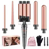 Lockenstäbe 3 Fässer für Große-BESTOPE PRO Lockenstab set 5 in 1 Locken mit einstellbarer Temperatur Keramik Lockenwickler mit Verschiedenen Aufsätzen Schnelle Heizung, Handschuh, 2 Clips