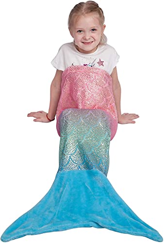 softan Meerjungfrau Decke für Kinder Flanell-Fleece weiche Kinder Meerjungfrauen-Decke, Mädchen-Meerjungfrauen-Schlafdecke mit Regenbogen-Ombre-glitzernden Fischschuppen-Design, 43 x 100 cm