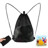 Mesh Strandtasche, Groß Sandspielzeug Tasche Netztasche Strand(45×60CM),Tragbar Netzrucksäcke mit Kordelzug, Sommer Aufbewahrungsnetztasche für zum Schwimmen, Tauchen, Reisen und Fitness-Schwarz
