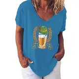 Lässiges T-Shirt für Frauen und Mädchen 2024, Tops, Damen, Bierfest, bedruckt, V-Ausschnitt, kurzärmelig, modisch, trendiges T-Shirt, Top, Übergröße, langärmelig, tailliertes Oberteil, blau, X-Large