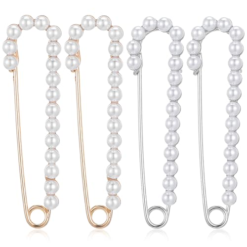 Nogeqi 4 Stück Broschennadeln Groß, Sicherheitsnadel Perlen, Schleppennadel Brautkleid, Sicherheitsnadeln Perlen Brosche Damen, Safety Pin Necklace Für Kleidung Mädchen Weihnachten