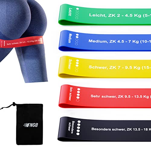 FNG8 Fitnessbänder Set Bedruckt mit Übungen auf Deutsch - Trainingsband mit 5 Stufen Widerstand - Fitness Band Aus Hautfreundlichem Latex - Unisex Terra Band für Physio und Sport