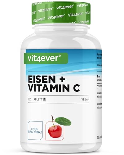 Eisen - 365 Tabletten mit 40 mg reinem Eisen + natürlichem Vitamin C - Premiumrohstoff: Eisenbisglycinat (Eisen-Chelat) - Hochdosiert - Vegan