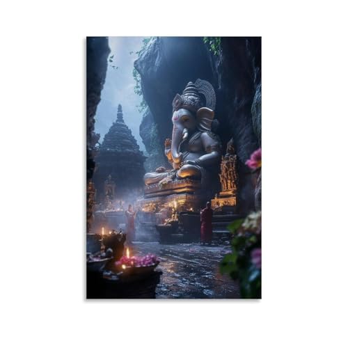 HHYXMJLL Unter einem Klippentempel, Ganesha-Statue leuchtet schwach, während Mönche Blumen anbieten und durch Morgennebel singen. Stilvolle Wandkunst, dekoratives Poster, Wandbild, 60 x 90 cm