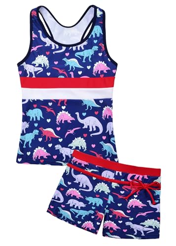 Uhnice Mädchen-Badeanzug, zweiteilig, Tankini, Badebekleidung mit Boyshorts, Marineblauer Dinosaurier, 5-6 Jahre