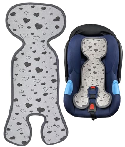 HECKBO Baby Sitzauflage Sommer Antischwitz für Kinderwagen - Gruppe 0 - Babyschale für Baby Kinder Matte - Mädchen Jungen - grau mit Herzen