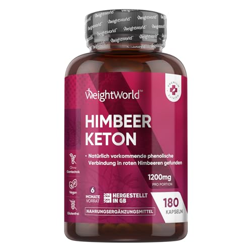 Pure Raspberry Ketones Kapseln - 6 Monate Vorrat - 1200mg Himbeer Keton Pulver - 180 vegane Kapseln - Natürliche Zutaten für Keto & Fitness - Mit reinem Himbeerfruchtextrakt - WeightWorld