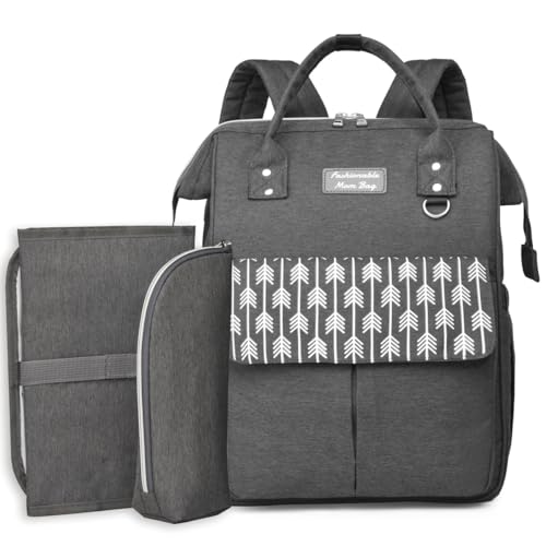 Wickelrucksack Groß mit Wickelunterlage Unterwegs und Kühltasche, Multifunktionaler Windeltasche mit Kinderwagengurten, Wickeltasche Organizer Viel Platz, ideale Größe für Alle - Wickelrucksack Grau