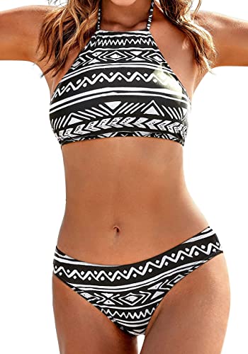 Ekouaer Bikinioberteil mit hohem Halsausschnitt, Blumenmuster, zweiteilige Badeanzüge, dreieckige Hose für Damen, Teenager, Junioren, XS-XXL, 4 pat3, S