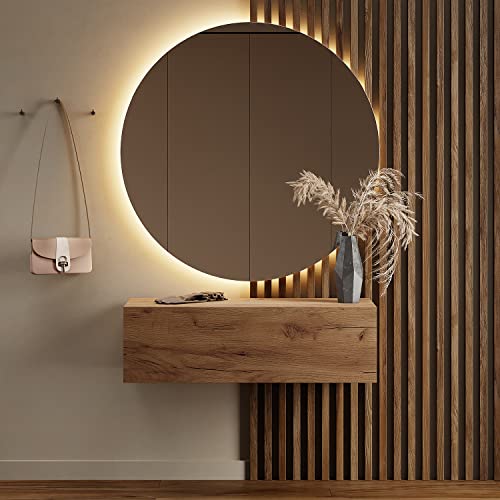 Planetmöbel Flurgarderobe 1x 100 cm inkl. Spiegel rund mit Beleuchtung 100 cm, Gold Eiche, Flur Möbel mit Spiegel, 37,8T x 100B x 32,5H cm