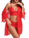 Avidlove Damen Sexy Dessous Set Spitze 3-Teilig Negilgee Unterwäsche Netz-Nachthemd Dünn Kimono Mesh Lingerie Sets Mit BH und Höschen，RotXL