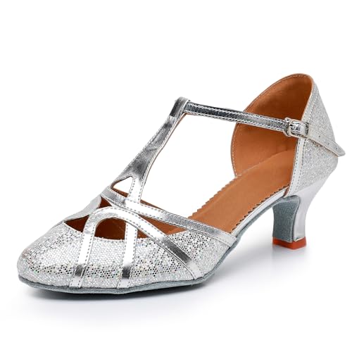 Rosefinch Damen Latein T-Strap Tanzschuhe Geschlossene Zehen Mode Salsa Tango Cha-Cha Ballsaal Performence Tanzschuhe Hochzeit Abend Party Silber 5cm Absatz 38 EU