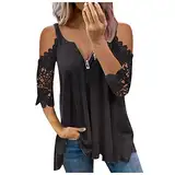 Oberteile Damen Sommer Sexy Longshirt V-Ausschnitt T-Shirt Mit Reißverschluss Schulterfrei Bluse Schicke Oberteile Kurzarm Blusenshirt Casual Sommershirts Lose Tunika Elegante T-Shirts Longtops