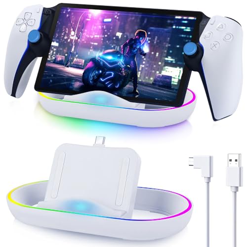 Ladestation für Playstation Portal, Tragbarer Ladeständer für PS Portal-Zubehör mit 14 RGB-Lichtern&Typ-C-Kabel &Daumengriffe, PS5 Portal Ladegerät Standhalterung für Playstation Portal Remote Player