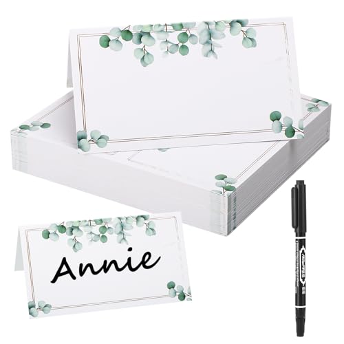 50 Stück Tischkarten Eukalyptus, Konfirmation Feier Sitzplatzkarten, Elegantes Namenskarten Beschriften Tischkarten, Hochzeit Tischkarten mit Schwarzer Stift, Tischdekoration Platzkarten für Party