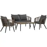 Outsunny Polyrattan Gartenmöbel Set 4-teiliges Rattensofa-Set Sitzgruppe Sitzgarnitur für Pause Lounge Teetisch mit Sofa Kissen Stahl Braun+Grau