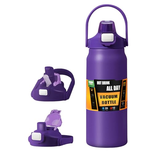 Doppel-Trinkflasche aus Edelstahl, breite Öffnung, Sport-Wasserflasche mit Strohhalm, doppellagig, vakuumdicht, isolierte Wasserflasche, mit Griff, 800 ml, Violett