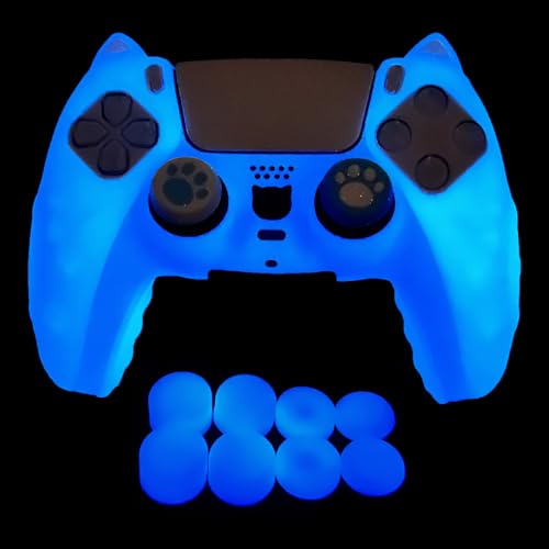 HLRAO Blau Süße Katze Controller Skin Silikon Grip Glow in The Dark Schutzhülle Kompatibel mit PS5/Slim/Pro Controller + 8 FPS PRO Daumengriffe und 2 Stück Kappen.