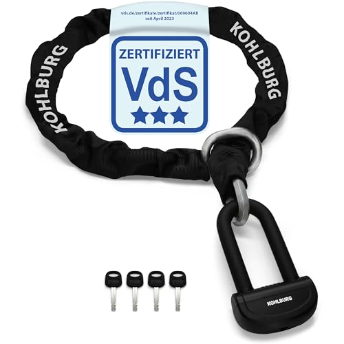 KOHLBURG 6kg massives 150cm VdS Sicherheits- Motorradschloss Typ Alcatraz, 13mm Spezialstahl-Kette, Kettenschloss höchste Sicherheitsstufe 15+ von 15 - Schloss lang VdS zertifiziert für Motorrad Ebike