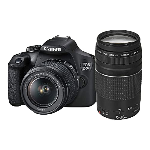 Canon EOS 2000D Spiegelreflexkamera (24,1 MP, DIGIC 4+, 7,5 (3,0 Zoll) LCD, Full-HD, WIFI, APS-C CMOS-Sensor) Inkl. Objektive EF-S 18-55mm IS II F3.5-5.6 IS II Und EF 75-300mm F4-5.6 III, Schwarz