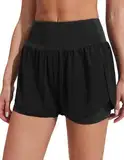 PINSPARK Sporthose Damen Kurz Sommer Laufhose High Waist 2 in 1 mit Tasche Schnell Trocknend Gym Running Fitness Hotpants Schwarz L