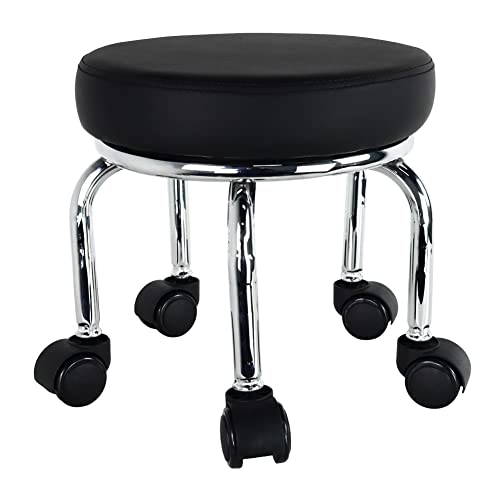 WKWKER Kleiner Rollhocker PU Leder Rollsitz 360 ° Drehbare niedrige runde Hocker mit Universal Rollen für Home Massage Garten Büro Garage Shop Fitness Sport, H: 31.5cm (Schwarz)