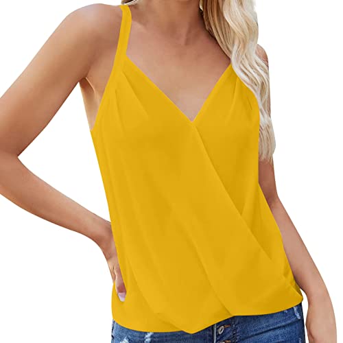 Lässiges T-Shirt für Damen und Mädchen, Spaghettiträger-Tank-Top, sexy V-Ausschnitt, lässiges Sommer-Tank-Top, Camisole, gelb, X-Large