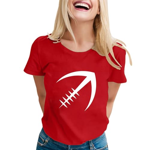 T-Shirt Damen Kurzarm Locker Frauen Lose Kurzarm Rundhals Casual Baseball Fußball T Shirt Top Damen Einfarbig T-Shirt (Red, S)