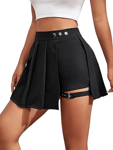 GORGLITTER Damen Hosenrock Kurze Hose Culottes Hosen Casual Minirock Asymmetrisch Röcke mit Schnalle Schwarz M