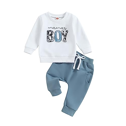 Geagodelia Baby Jungen Kleidung Outfit Babykleidung Set Langarmshirt Sweatshirt + Hose Neugeborene Weiche Babyset Mama's Boy Zweiteiler (A - Weiß & Blau, 0-6 Monate)